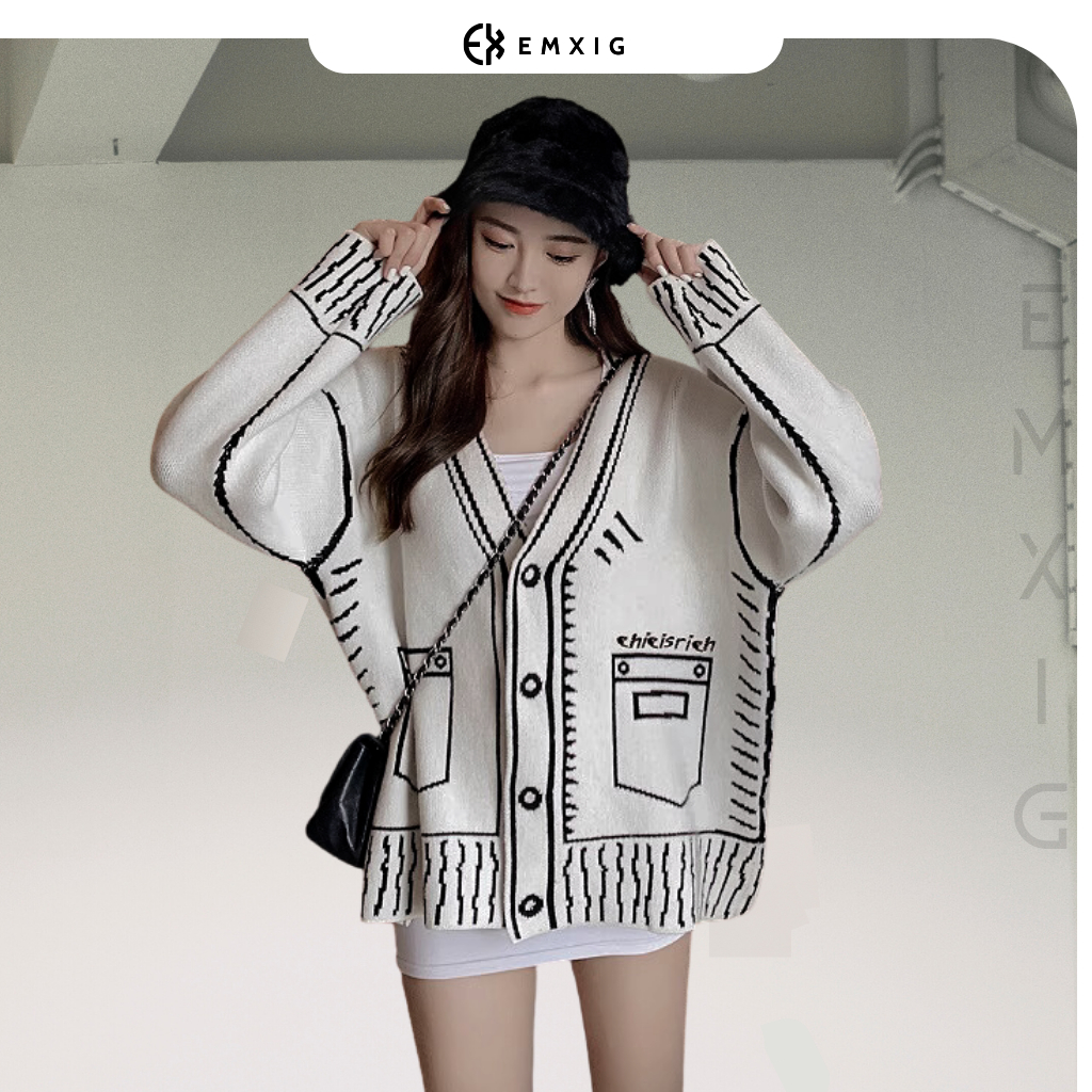 Áo khoác Cardigan len Emxig thêu họa tiết trắng đen nổi bật E02