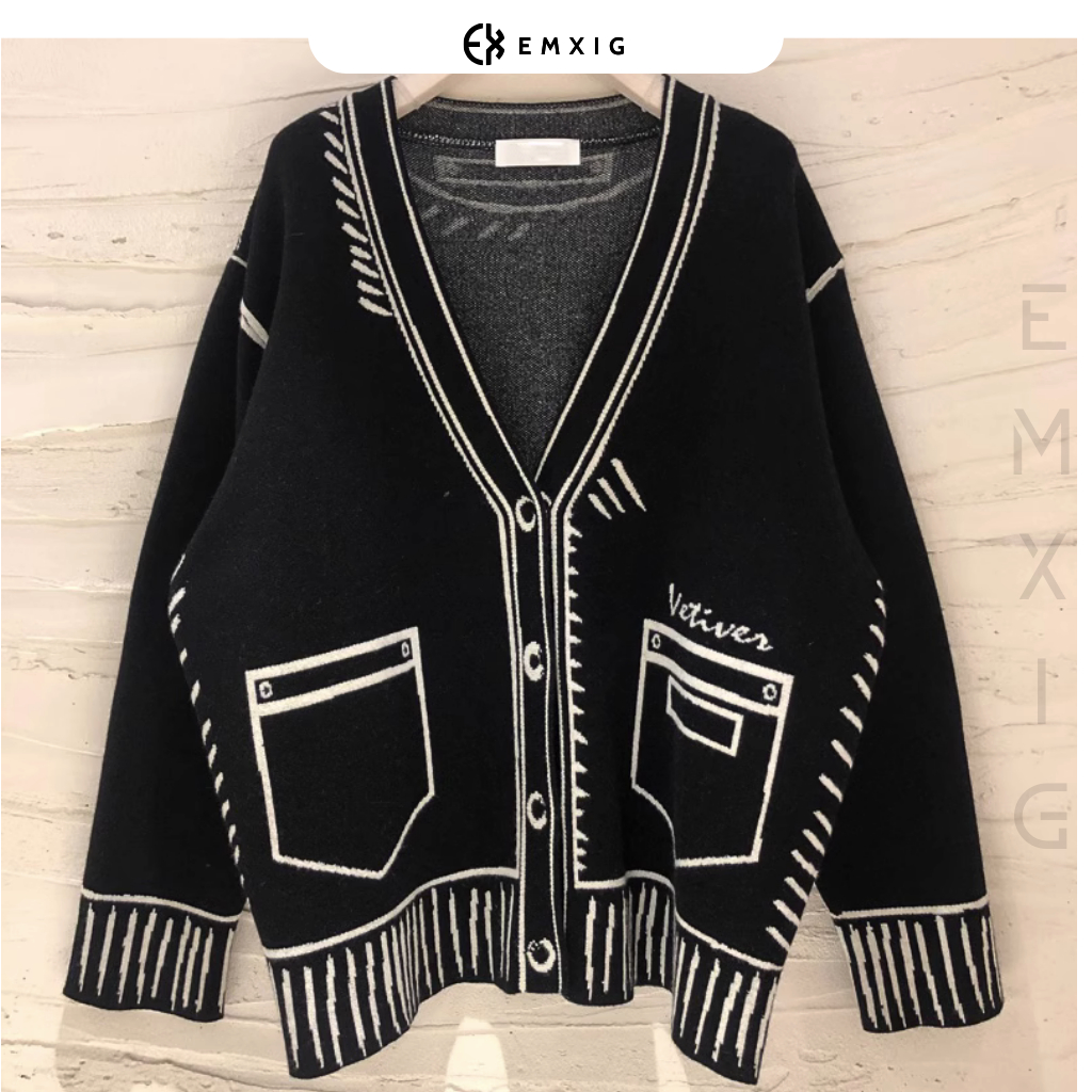 Áo khoác Cardigan len Emxig thêu họa tiết trắng đen nổi bật E02