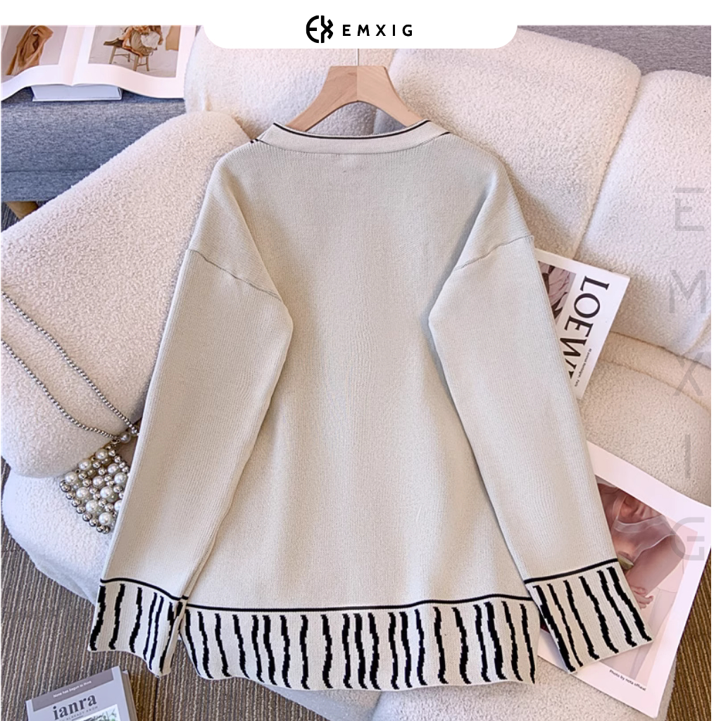 Áo khoác Cardigan len Emxig thêu họa tiết trắng đen nổi bật E02