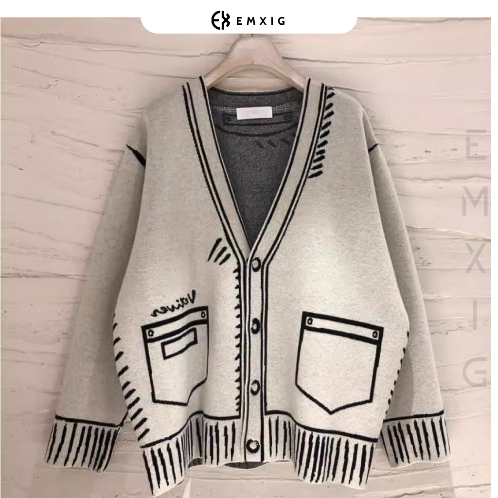 Áo khoác Cardigan len Emxig thêu họa tiết trắng đen nổi bật E02