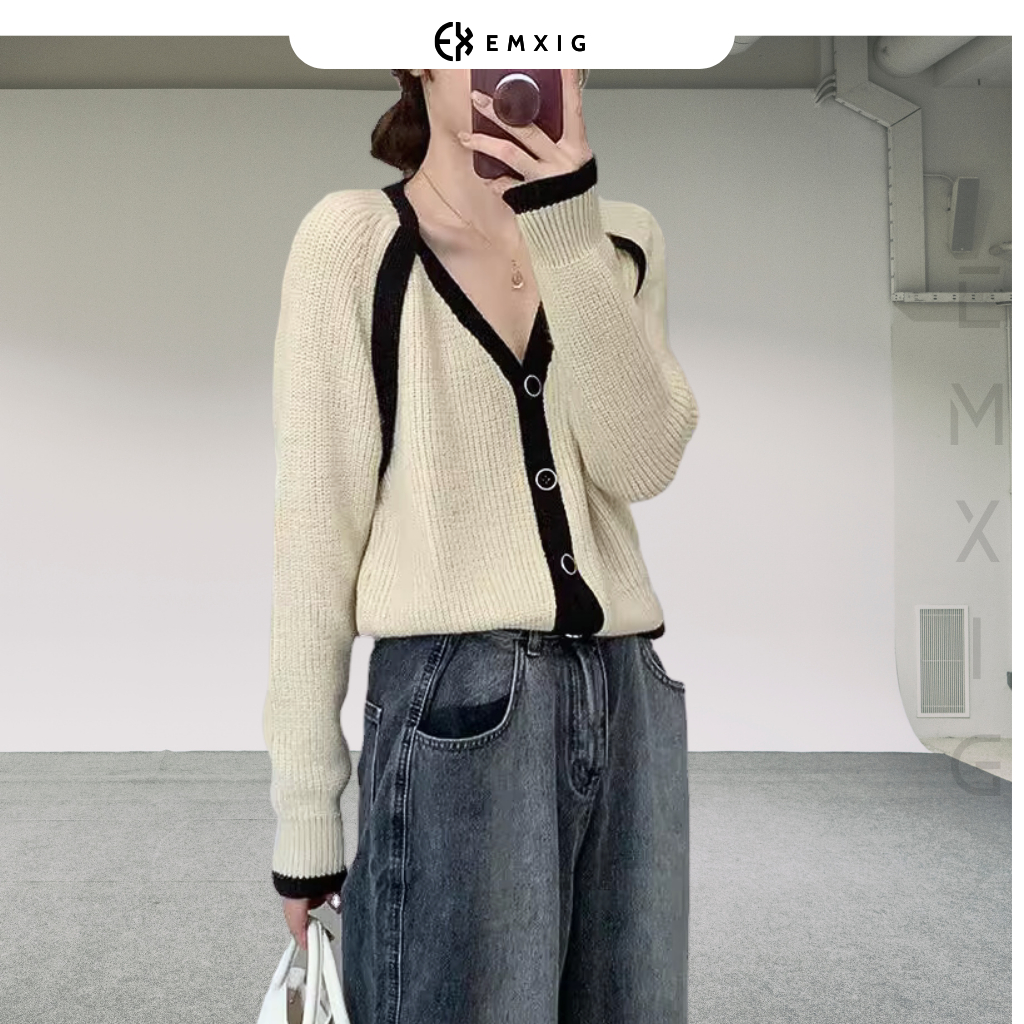 Áo len nữ Emxig họa tiết viền cổ đen thêu sang trọng E03