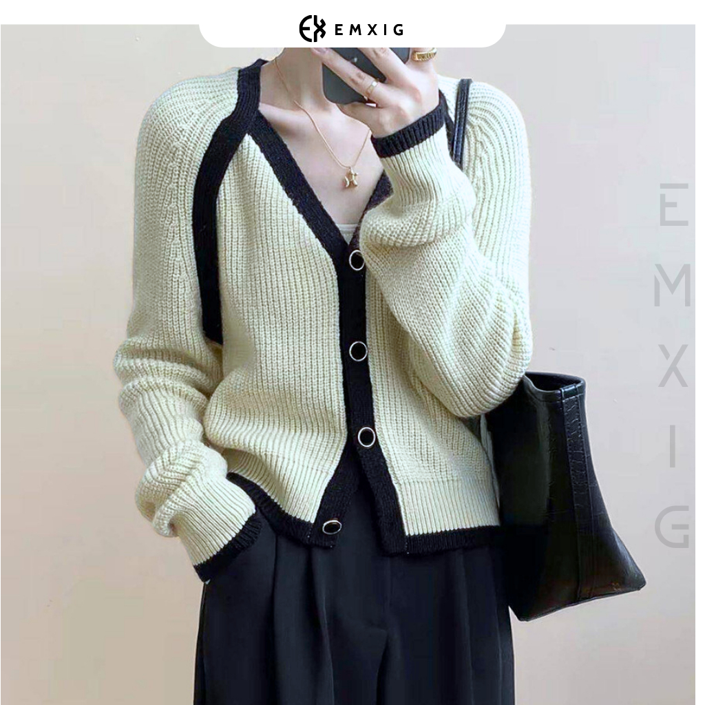 Áo len nữ Emxig họa tiết viền cổ đen thêu sang trọng E03