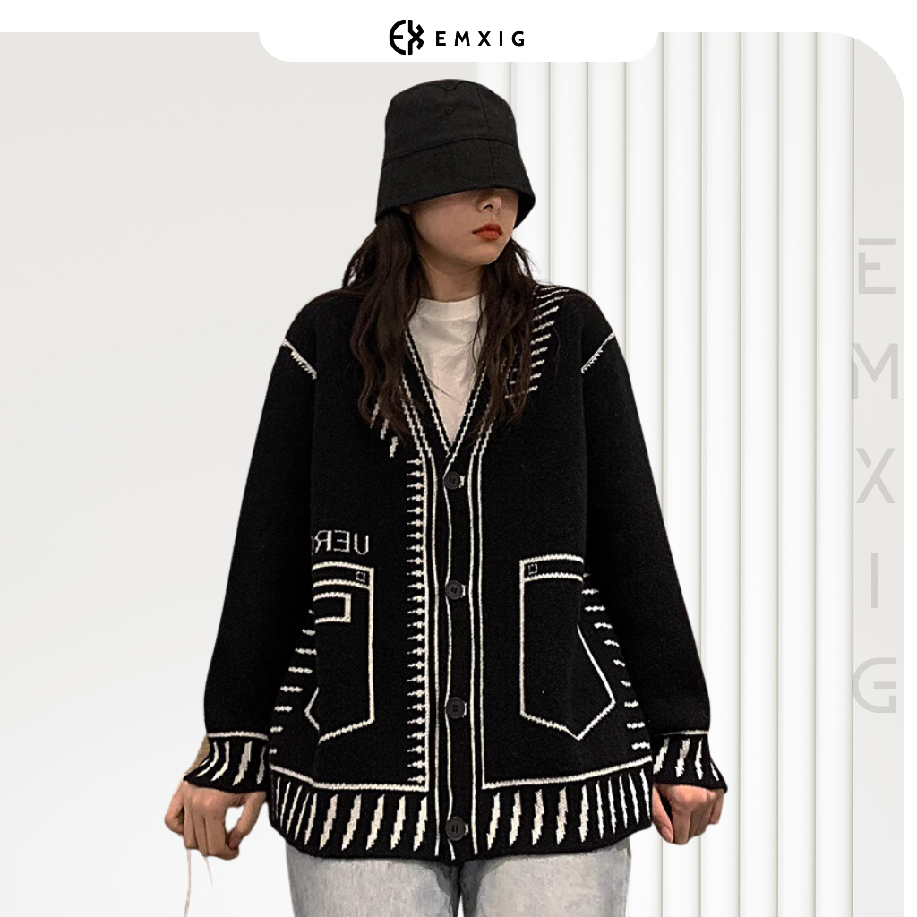 Áo khoác Cardigan len Emxig thêu họa tiết trắng đen nổi bật E02
