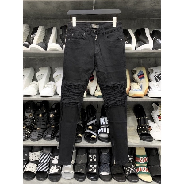 Quần jean bò nam slimfit Amiri đen gối rách xước vá vải nhăn phối khoá zip ống chân phong cách streetwear hot trend 2023