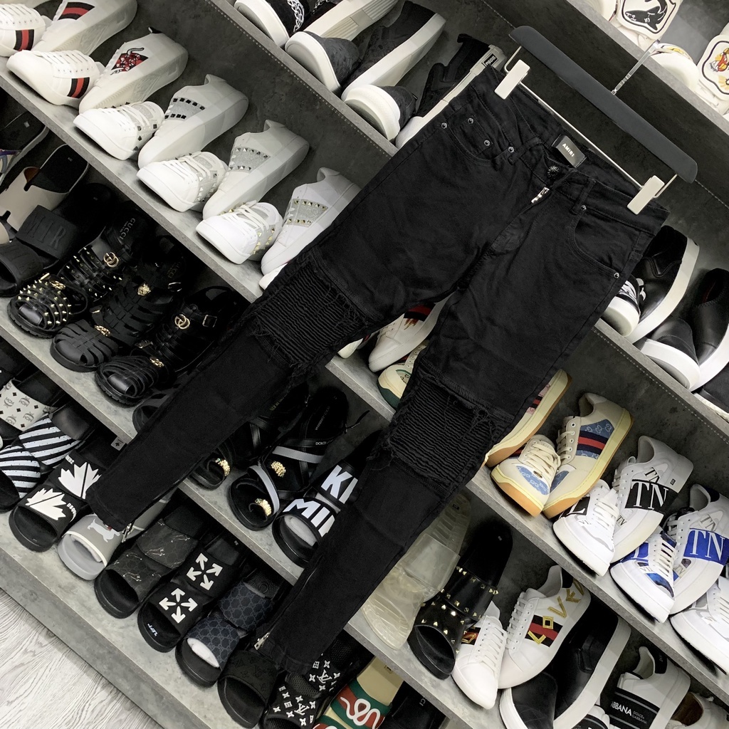 Quần jean bò nam slimfit Amiri đen gối rách xước vá vải nhăn phối khoá zip ống chân phong cách streetwear hot trend 2023