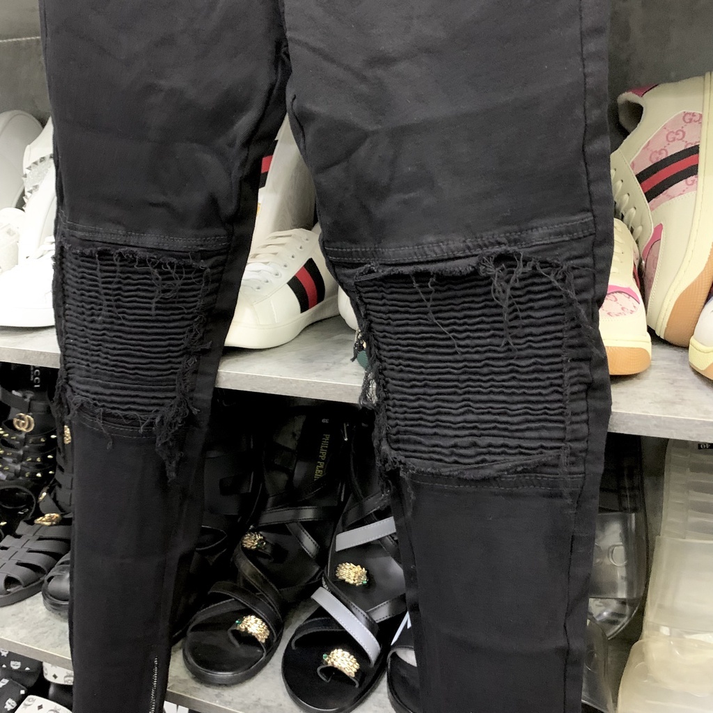Quần jean bò nam slimfit Amiri đen gối rách xước vá vải nhăn phối khoá zip ống chân phong cách streetwear hot trend 2023
