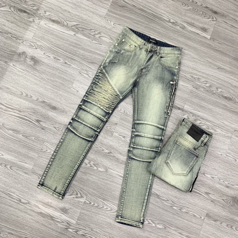 Quần Jean Xanh Nam Phối Nhăn Khoá Đùi Bất Đối Xứng Siêu Sang, Quần Bò Nam phối nhăn cực chất hot trend 2023