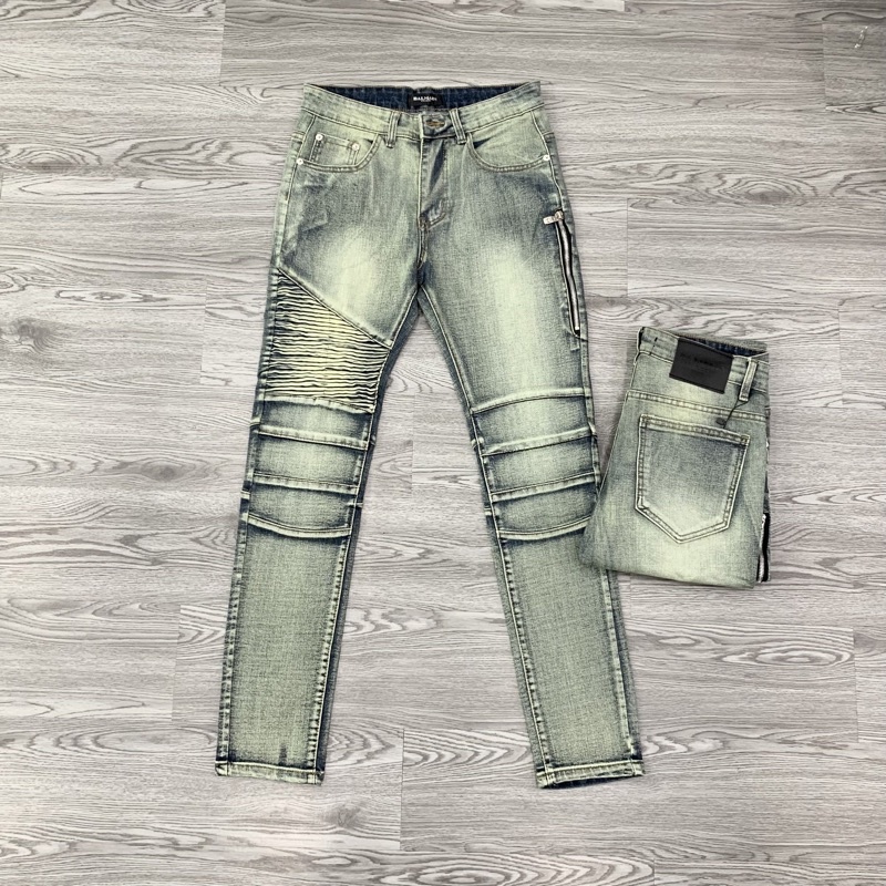 Quần Jean Xanh Nam Phối Nhăn Khoá Đùi Bất Đối Xứng Siêu Sang, Quần Bò Nam phối nhăn cực chất hot trend 2023