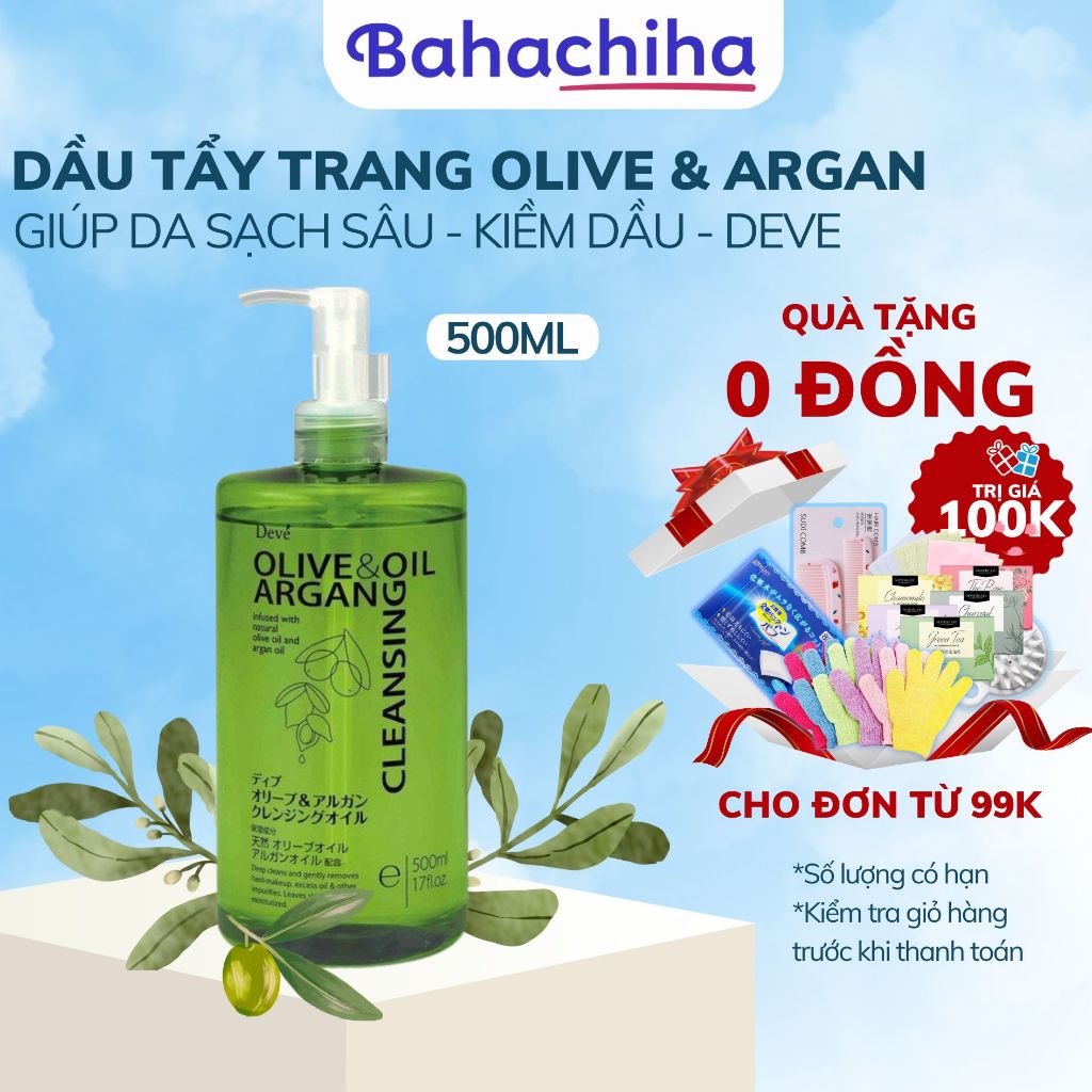 Dầu tẩy trang Deve chiết xuất dầu Olive và Argan làm sạch, cấp ẩm, dưỡng sáng chai 500ml & 200ml - Bahachiha