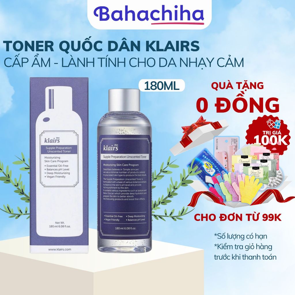 Nước hoa hồng không mùi Klairs Supple Preparation Unscented Toner 180ml - Bahachiha