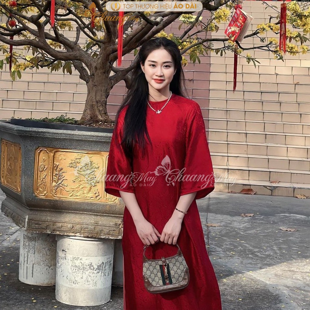 Áo dài dáng suông xưa cách tân nữ gấm đỏ đô cổ tròn Chaang may sẵn áo dài xuông bà bầu dự tiệc cưới hỏi lễ tết đẹp AD756