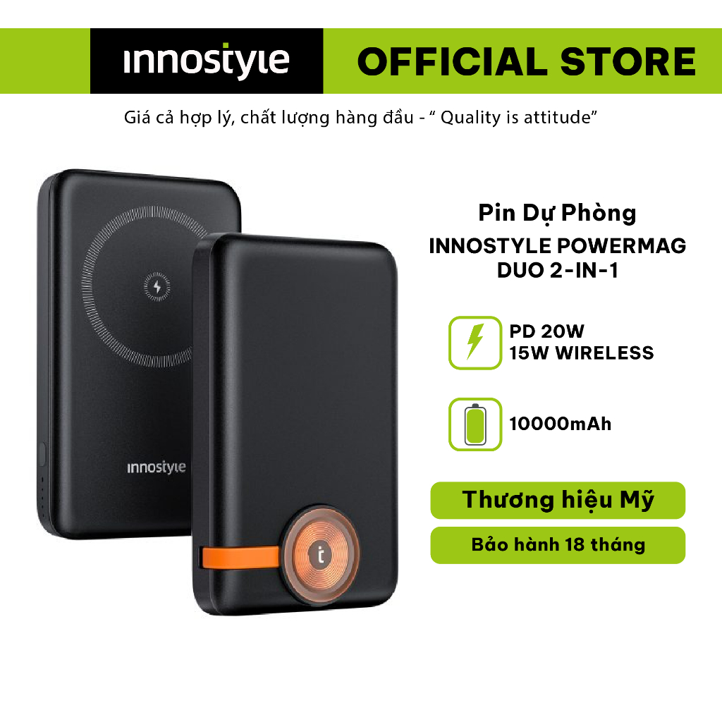 Pin Sạc Dự Phòng Không Dây Innostyle Powermag Duo 2-in-1 10000mAh - Thiết kế nhỏ gọn, sạc không dây