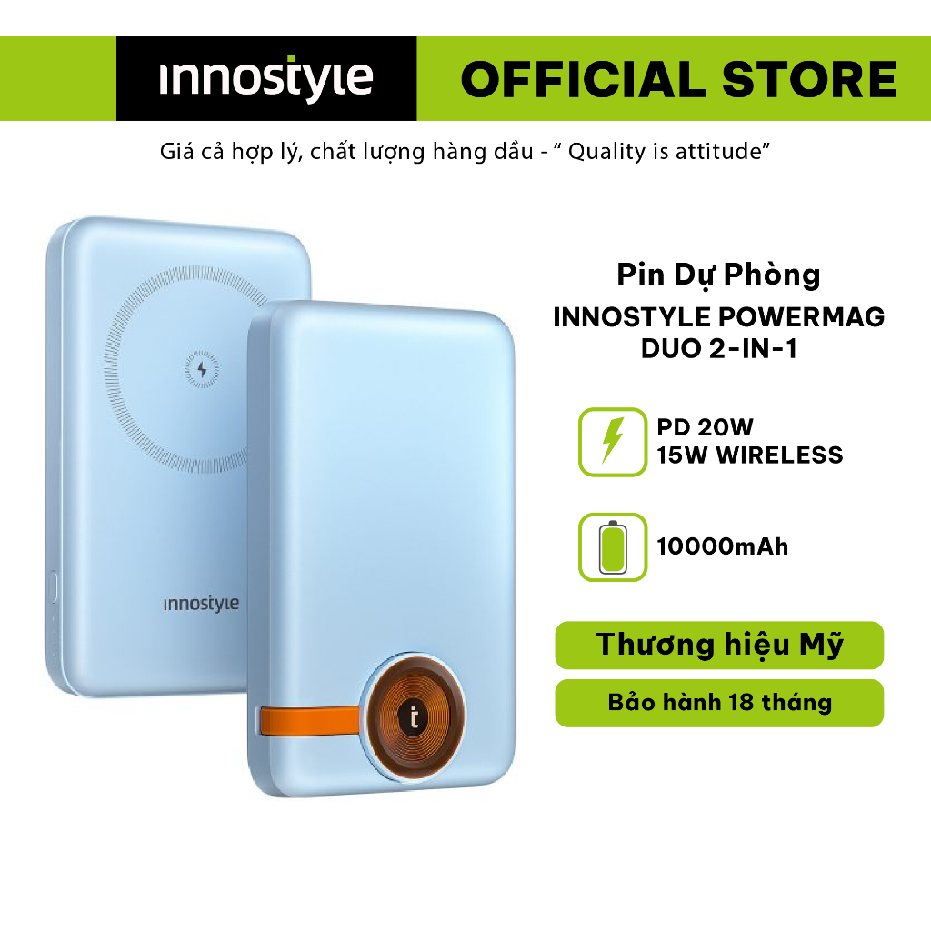 Pin Sạc Dự Phòng Không Dây Innostyle Powermag Duo 2-in-1 10000mAh - Thiết kế nhỏ gọn, sạc không dây