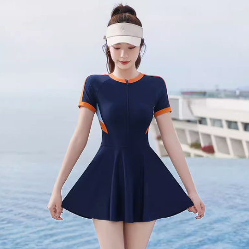 Bikini đồ bơi một mảnh đi biển tay ngắn dây kéo phối váy có quần trong kín đáo VAKOMA TT104