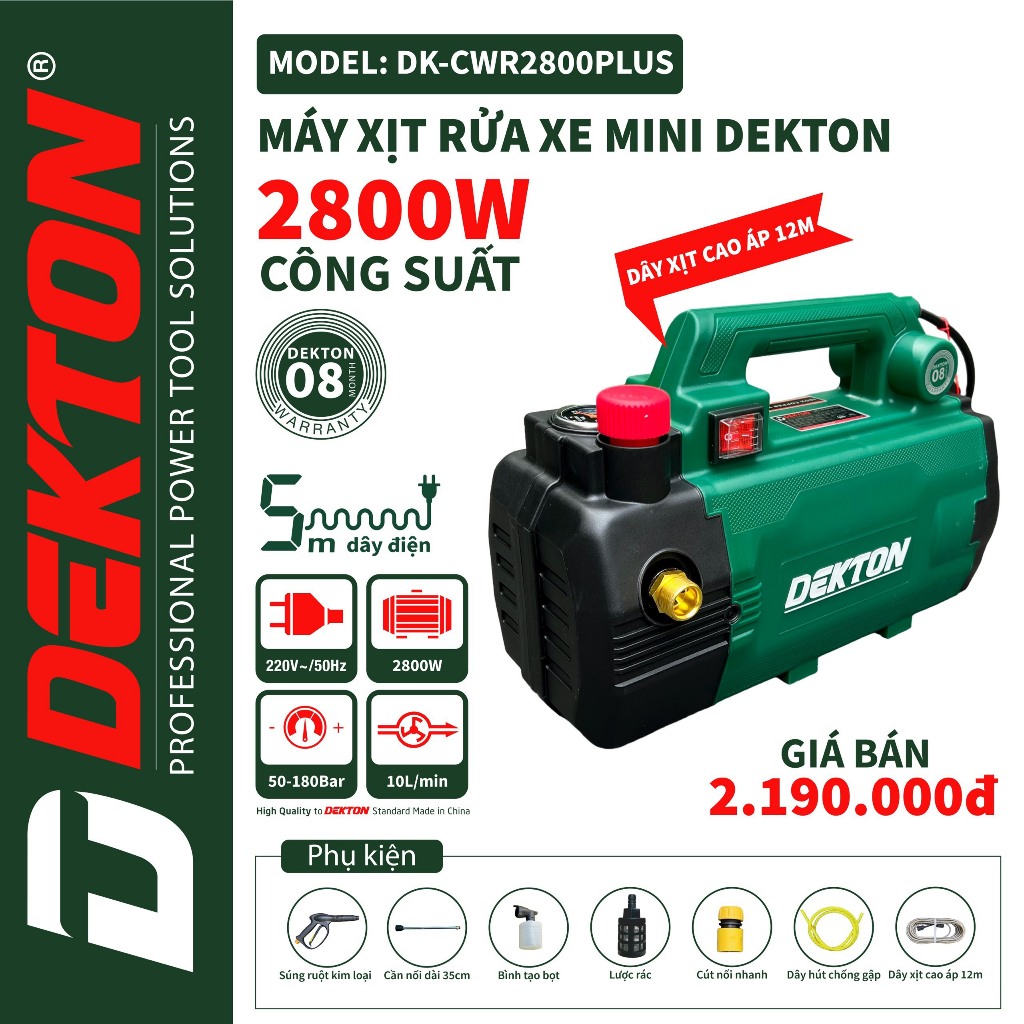 DK-CWR2800PLUS Máy Xịt Rửa Xe Gia Đình Mini Công Xuất 2800W DEKTON / Áp lực nước 50-180Bar / Dây điện dài 5m /