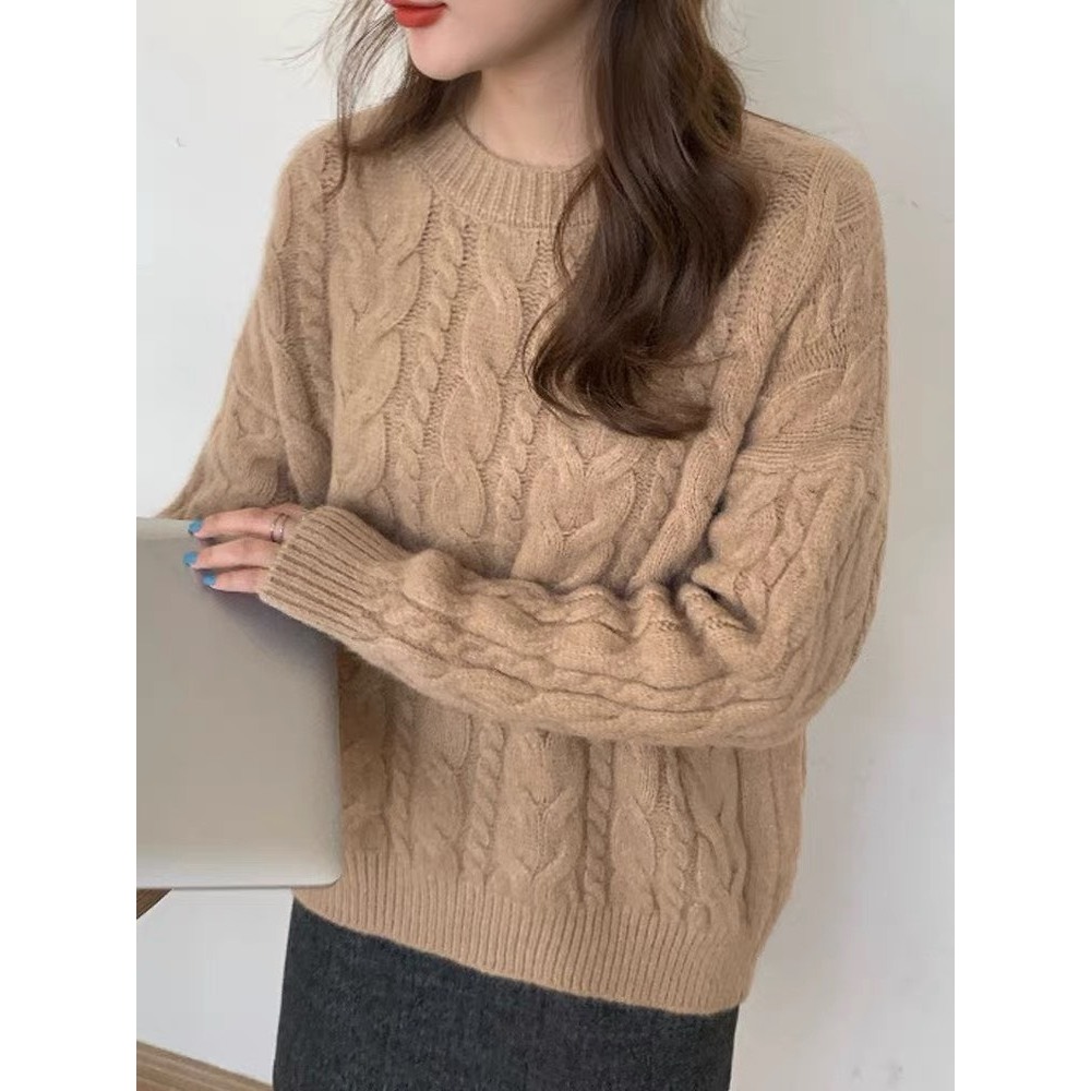 Áo len dệt kim màu đỏ xoắn thừng nhẹ nhàng đơn giản vintage