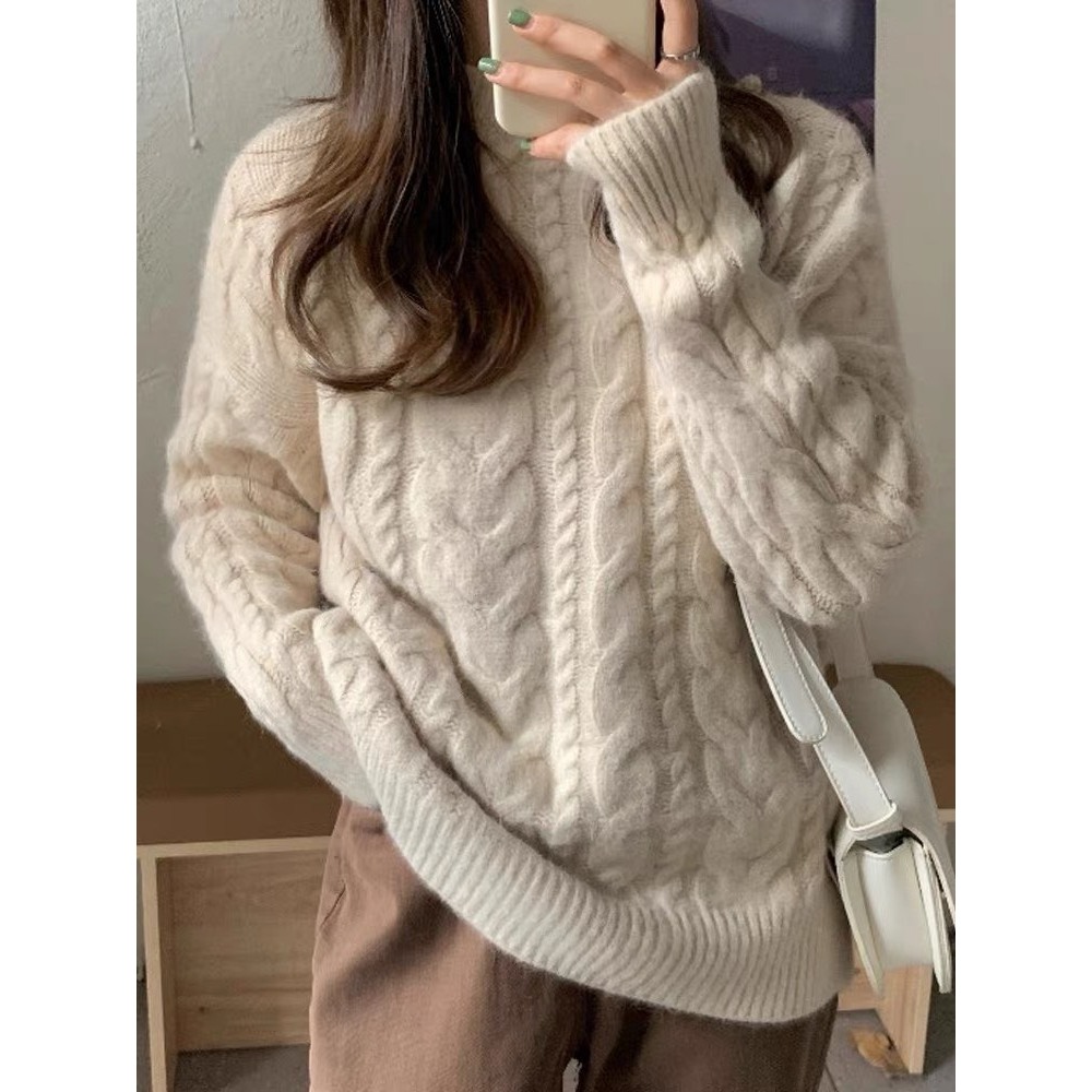 Áo len dệt kim màu đỏ xoắn thừng nhẹ nhàng đơn giản vintage