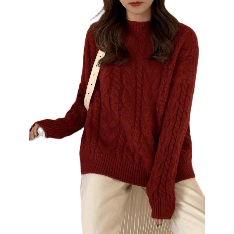 Áo len dệt kim màu đỏ xoắn thừng nhẹ nhàng đơn giản vintage
