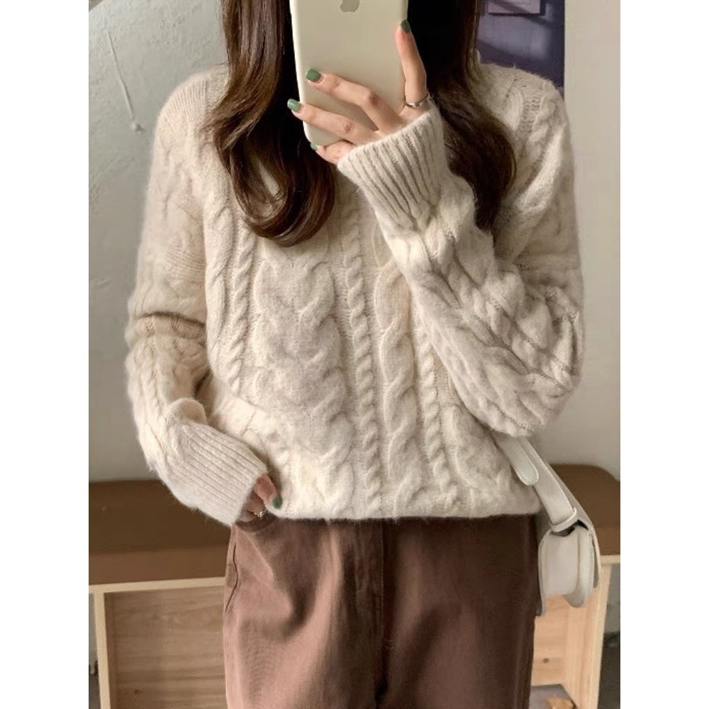 Áo len dệt kim màu đỏ xoắn thừng nhẹ nhàng đơn giản vintage