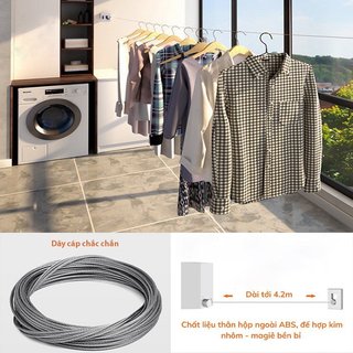 Dây phơi quần áo - Dây phơi đồ thông minh rút gọn 4.2m, inox 304 dán tường - khoan lỗ