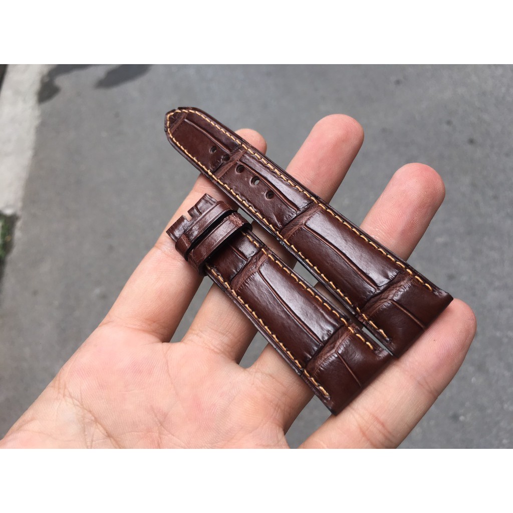 Dây Da Đồng Hồ Cá Sấu Handmade Khâu Tay Cao Cấp Màu đen, Nâu,Cafe Chỉ Vàng