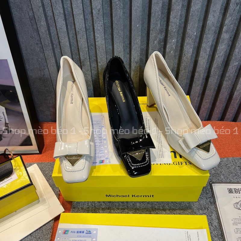 Giày cao gót mũi vuông nơ ngang viền chỉ gót dẹt fullbox hàng quảng châu cao cấp