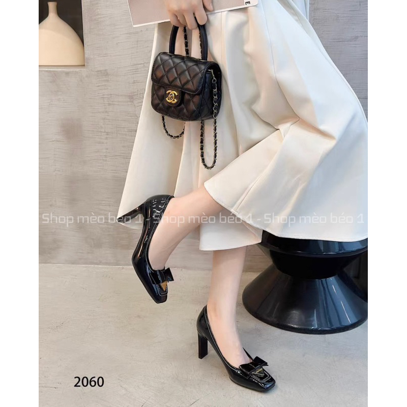 Giày cao gót mũi vuông nơ ngang viền chỉ gót dẹt fullbox hàng quảng châu cao cấp