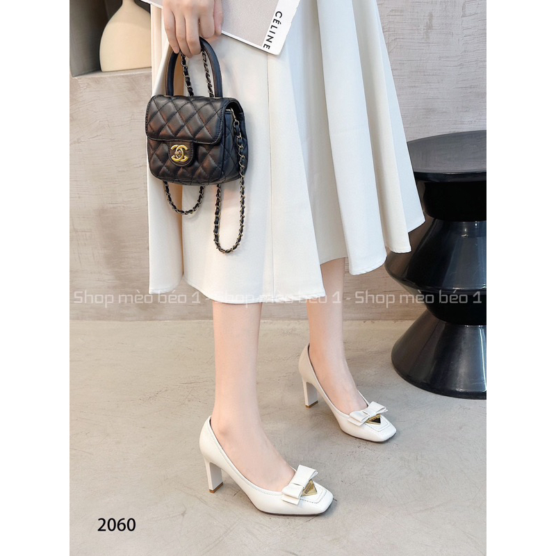 Giày cao gót mũi vuông nơ ngang viền chỉ gót dẹt fullbox hàng quảng châu cao cấp