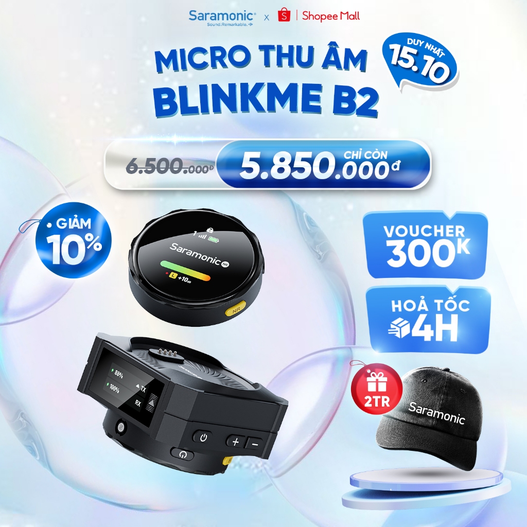 Mic Thu Âm Không Dây Saramonic BlinkMe B2 - Màn Hình Cảm Ứng - Dành Cho Máy ảnh, Điện Thoại - Bảo Hành Chính Hãng 2 Năm