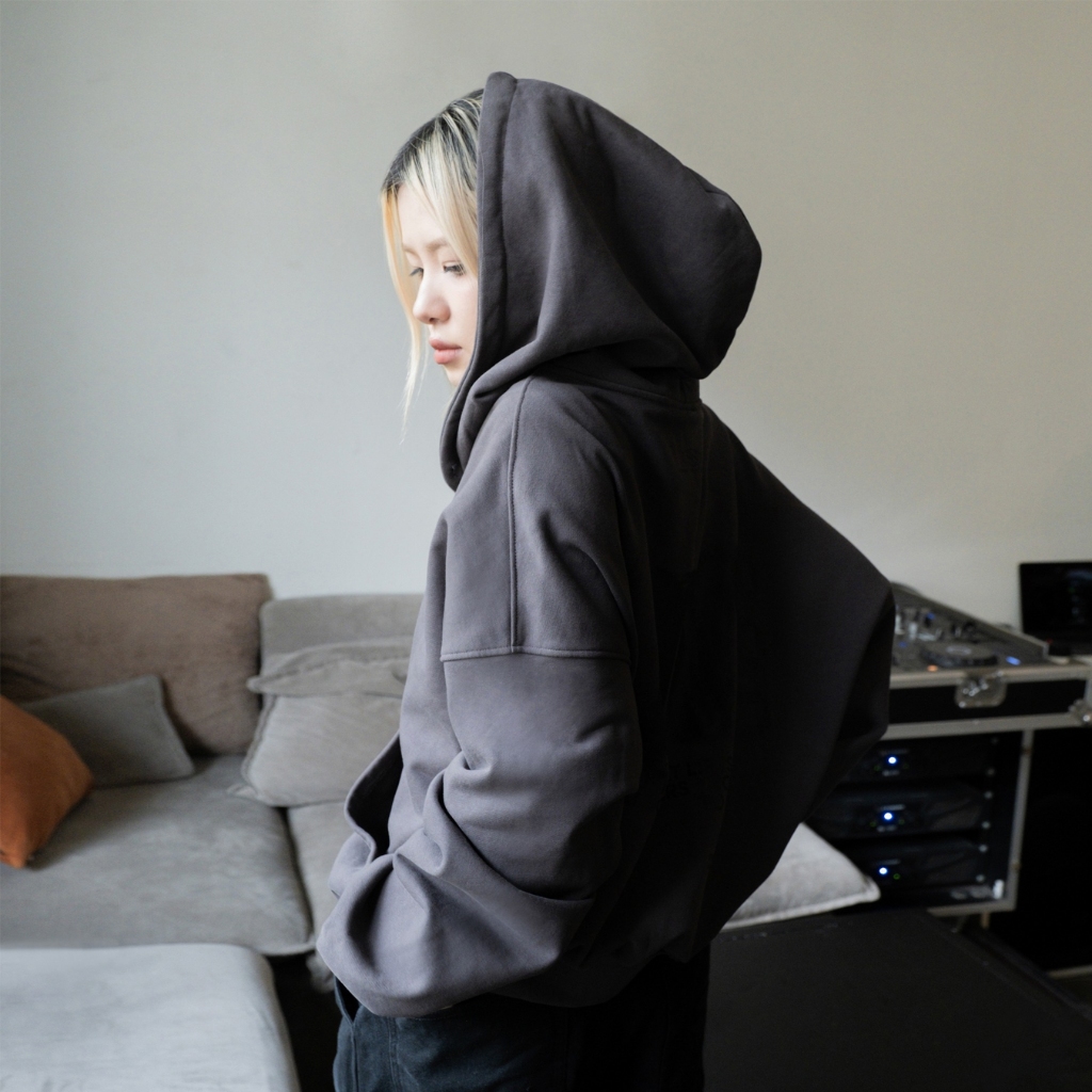 Áo hoodie nỉ bông trơn màu đen - xám NELLY - MIR form rộng mũ lớn dày dặn