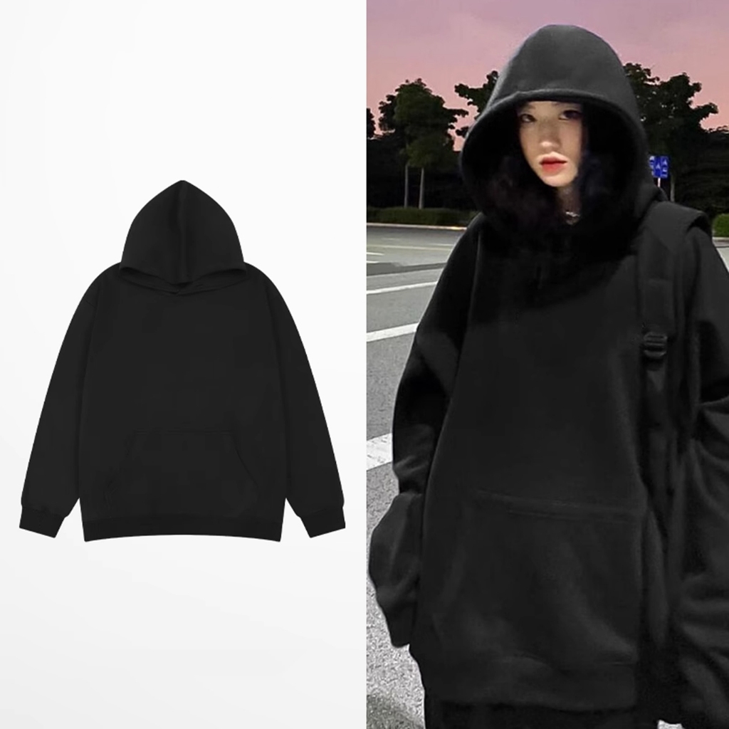 Áo hoodie nỉ bông trơn màu đen - xám NELLY - MIR form rộng mũ lớn dày dặn