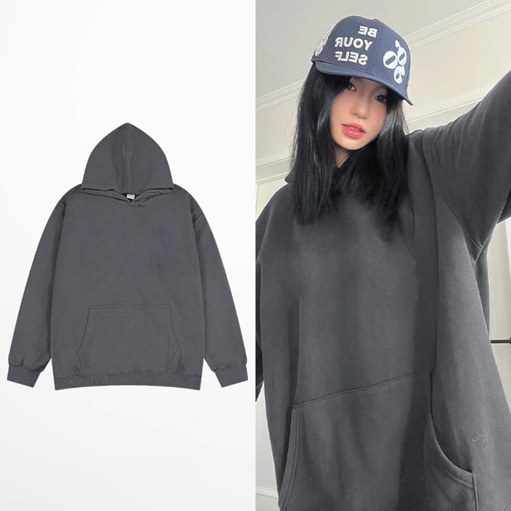 Áo hoodie nỉ bông trơn màu đen - xám NELLY - MIR form rộng mũ lớn dày dặn