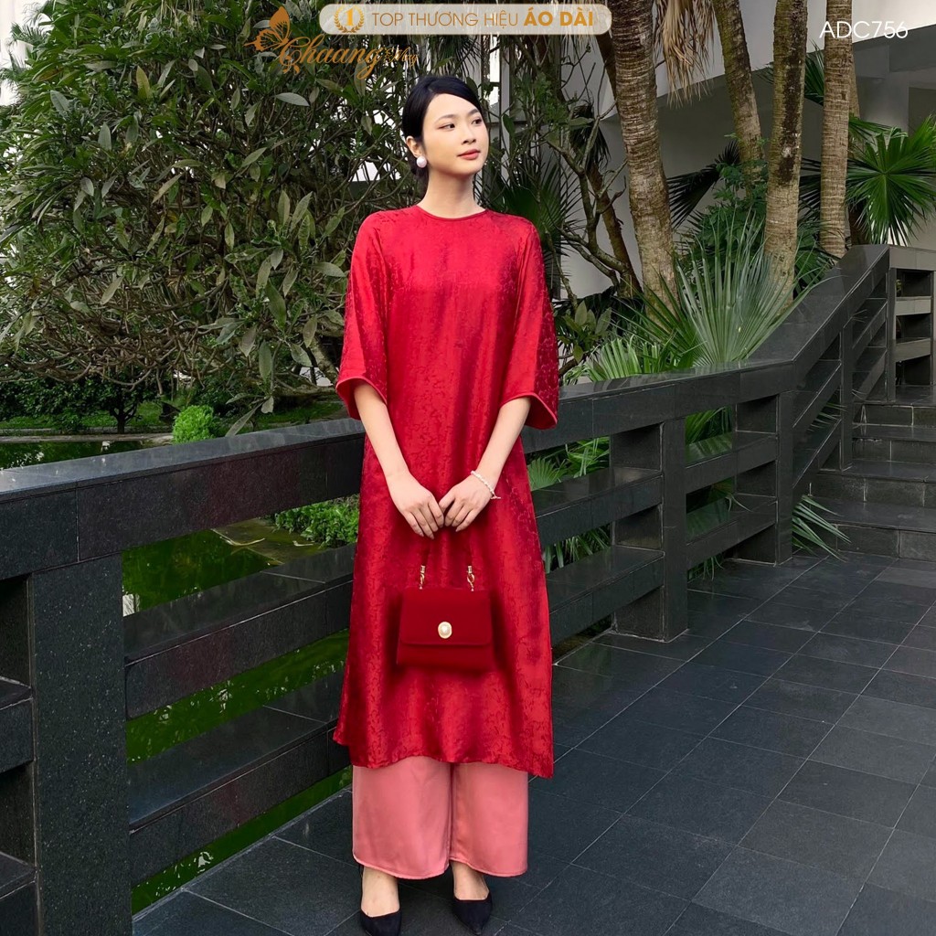 Áo dài dáng suông xưa cách tân nữ gấm đỏ cổ tròn Chaang may sẵn áo dài xuông bà bầu dự tiệc cưới hỏi lễ tết đẹp AD756