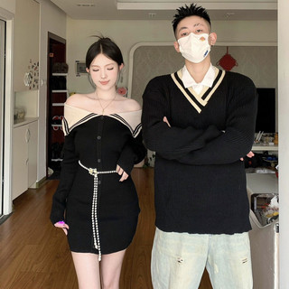 Đồ đôi len mùa Thu-Đông dệt kim đôi đen ôm body