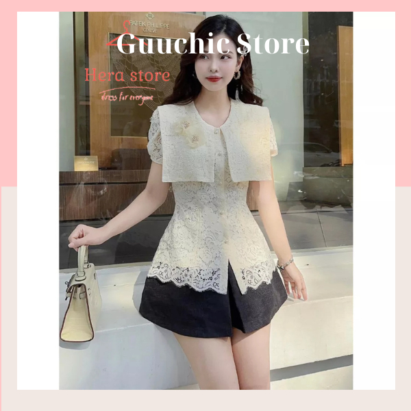 Áo sơ mi ren cổ vuông Guuchic áo sơ mi ren Hàn Quốc cài 2 bông hoa chất vải mềm mịn thiết kế trẻ trung mềm dễ dàng phối