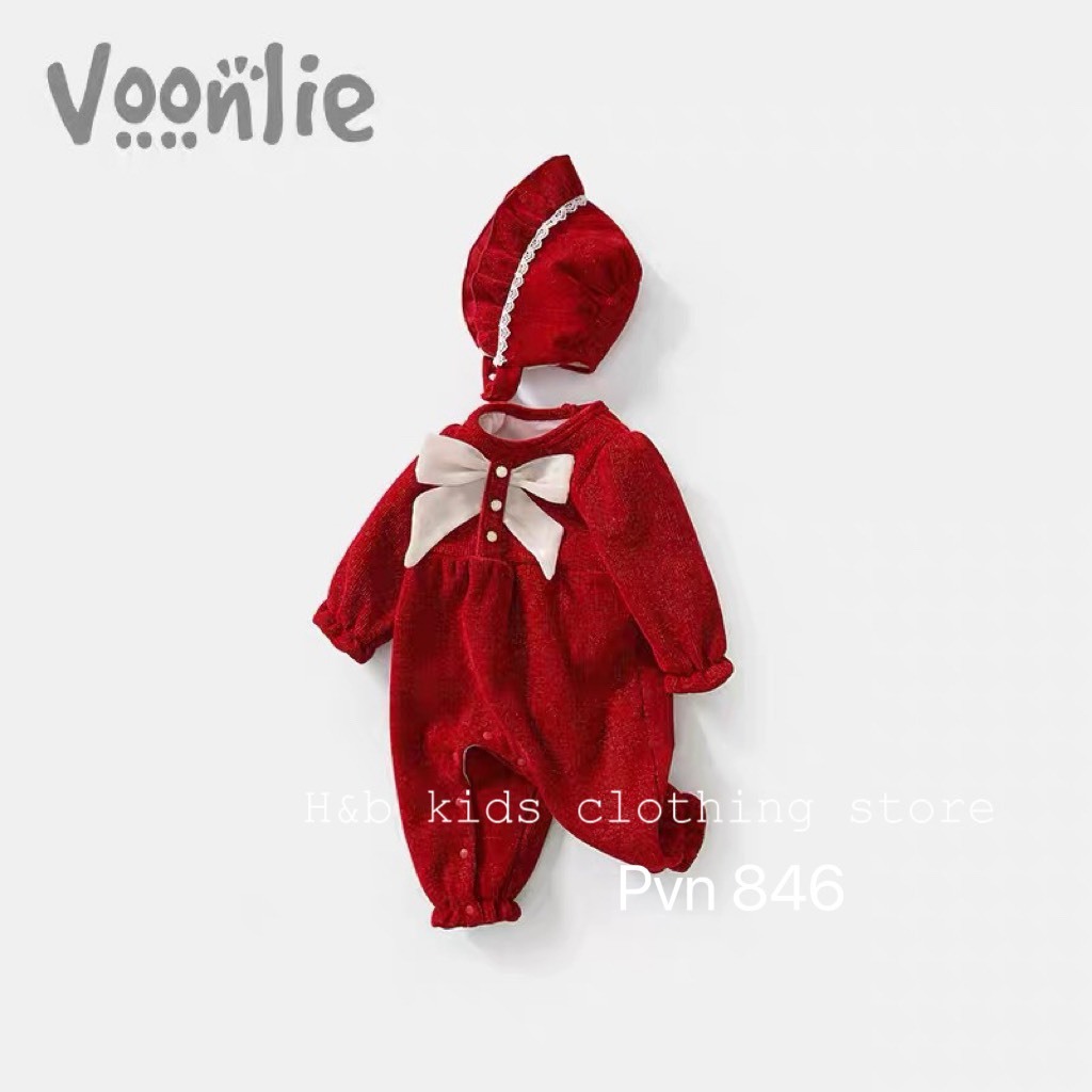 Đồ bộ liền thân cho bé, chất dạ nhung kim tuyến đính nơ cho bé gái, đón noel, tết, thiết kế may bo, mềm mại thoải mái