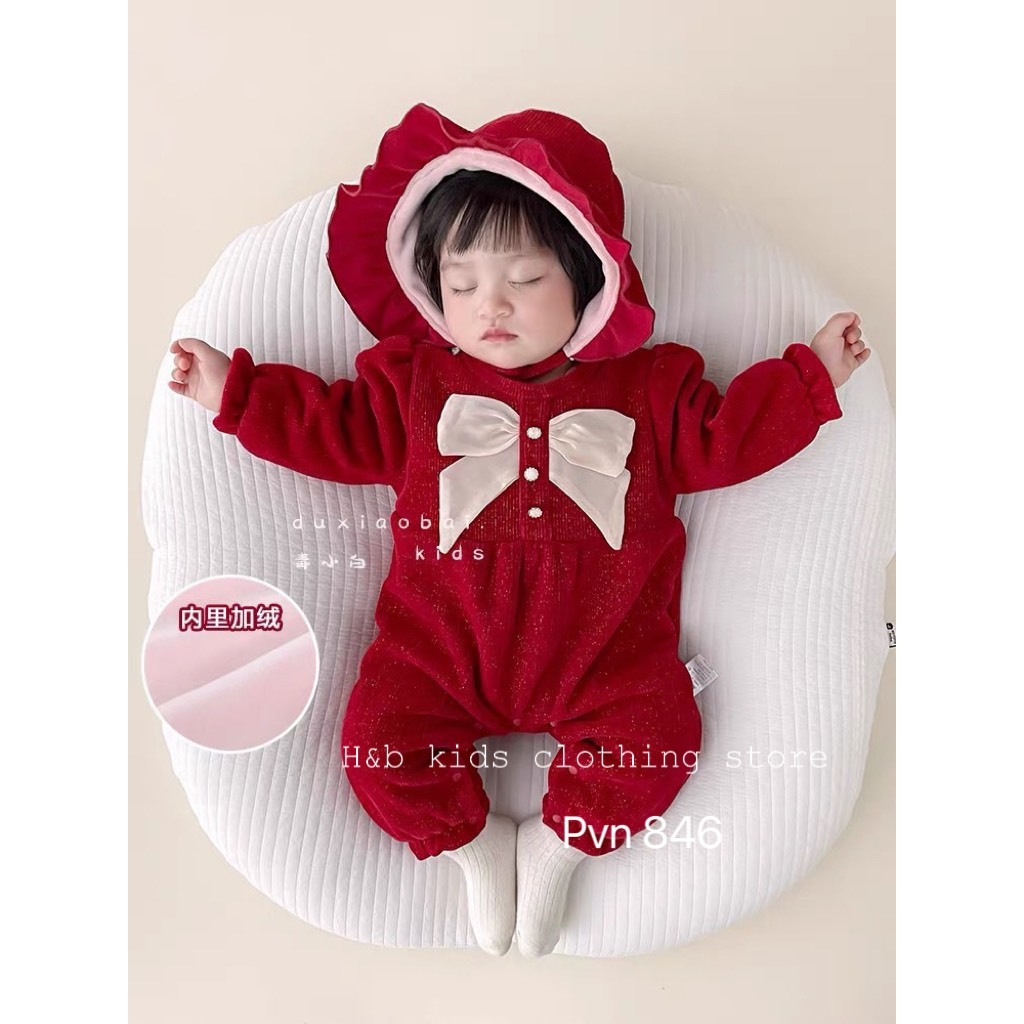 Đồ bộ liền thân cho bé, chất dạ nhung kim tuyến đính nơ cho bé gái, đón noel, tết, thiết kế may bo, mềm mại thoải mái