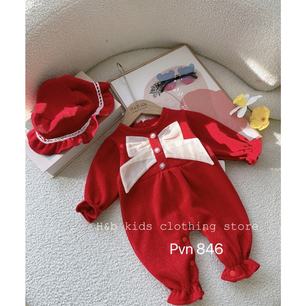 Đồ bộ liền thân cho bé, chất dạ nhung kim tuyến đính nơ cho bé gái, đón noel, tết, thiết kế may bo, mềm mại thoải mái