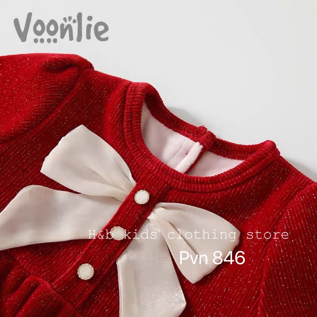 Đồ bộ liền thân cho bé, chất dạ nhung kim tuyến đính nơ cho bé gái, đón noel, tết, thiết kế may bo, mềm mại thoải mái