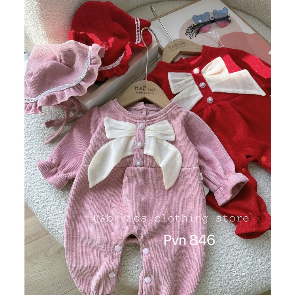 Đồ bộ liền thân cho bé, chất dạ nhung kim tuyến đính nơ cho bé gái, đón noel, tết, thiết kế may bo, mềm mại thoải mái