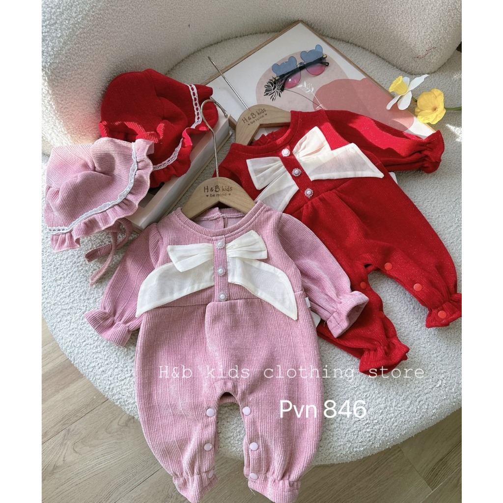 Đồ bộ liền thân cho bé, chất dạ nhung kim tuyến đính nơ cho bé gái, đón noel, tết, thiết kế may bo, mềm mại thoải mái