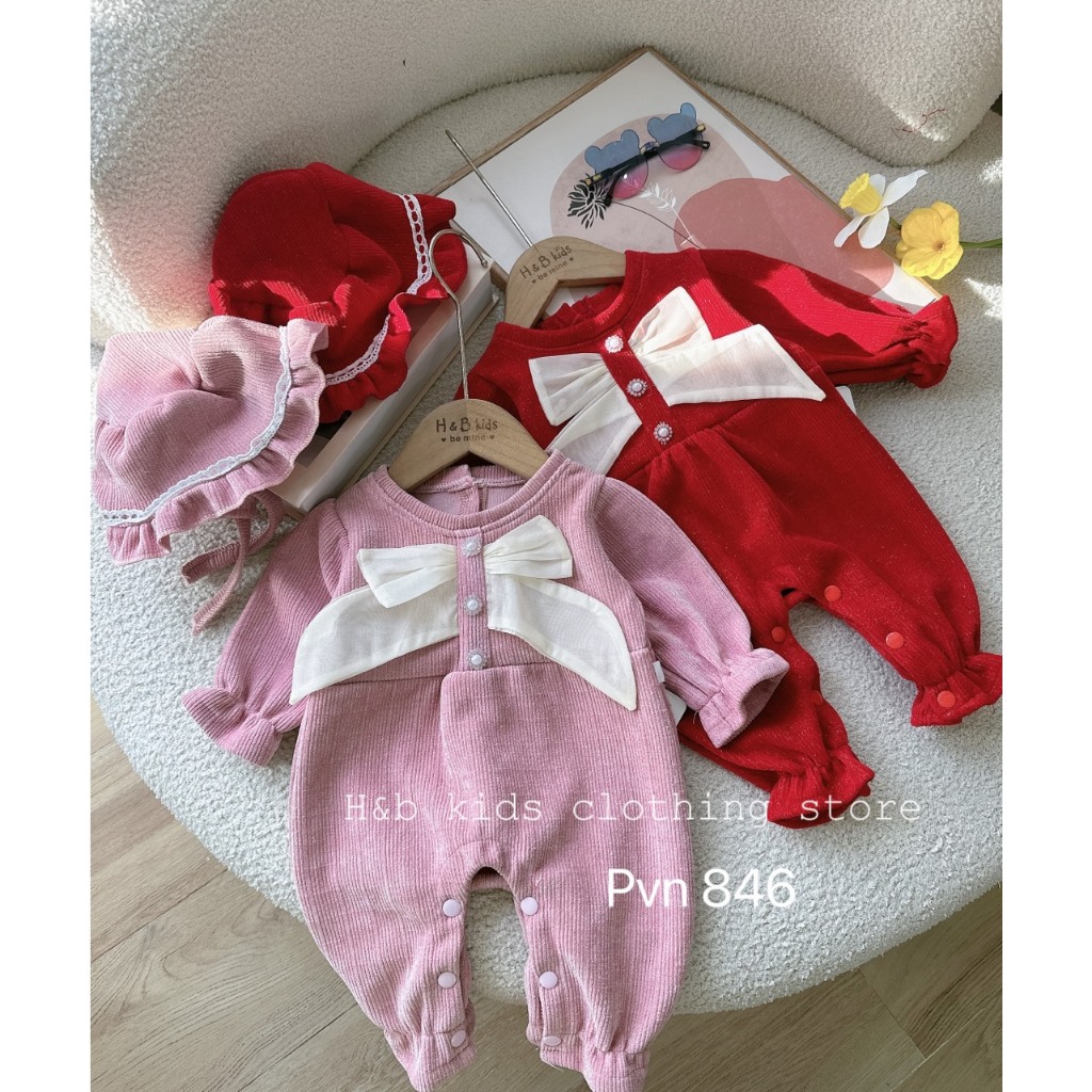 Đồ bộ liền thân cho bé, chất dạ nhung kim tuyến đính nơ cho bé gái, đón noel, tết, thiết kế may bo, mềm mại thoải mái