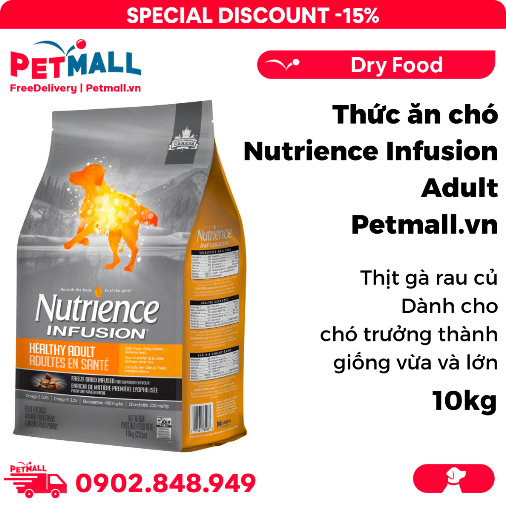 [-25%] Thức ăn chó Nutrience Infusion Adult thịt gà rau củ 10kg - Dành cho chó trưởng thành giống vừa và lớn Petmall