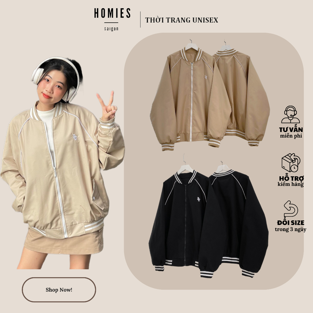 Áo khoác bomber kaki 2 lớp form rộng unisex nam nữ THÊU CHỮ DU - Homies Saigon