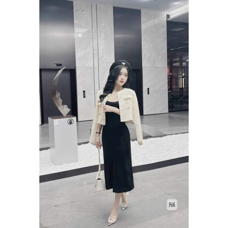 Set váy nữ mặc đi chơi, sét đầm 2 dây chất thun gân đen kèm áo khoác dạ linen cao cấp,
