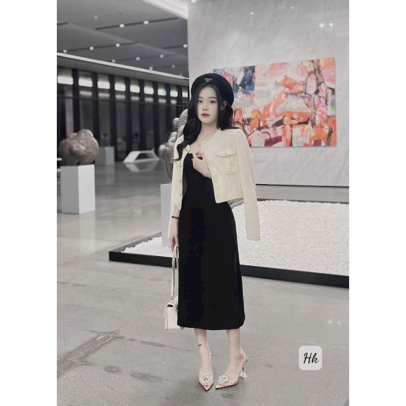 Set váy nữ mặc đi chơi, sét đầm 2 dây chất thun gân đen kèm áo khoác dạ linen cao cấp,