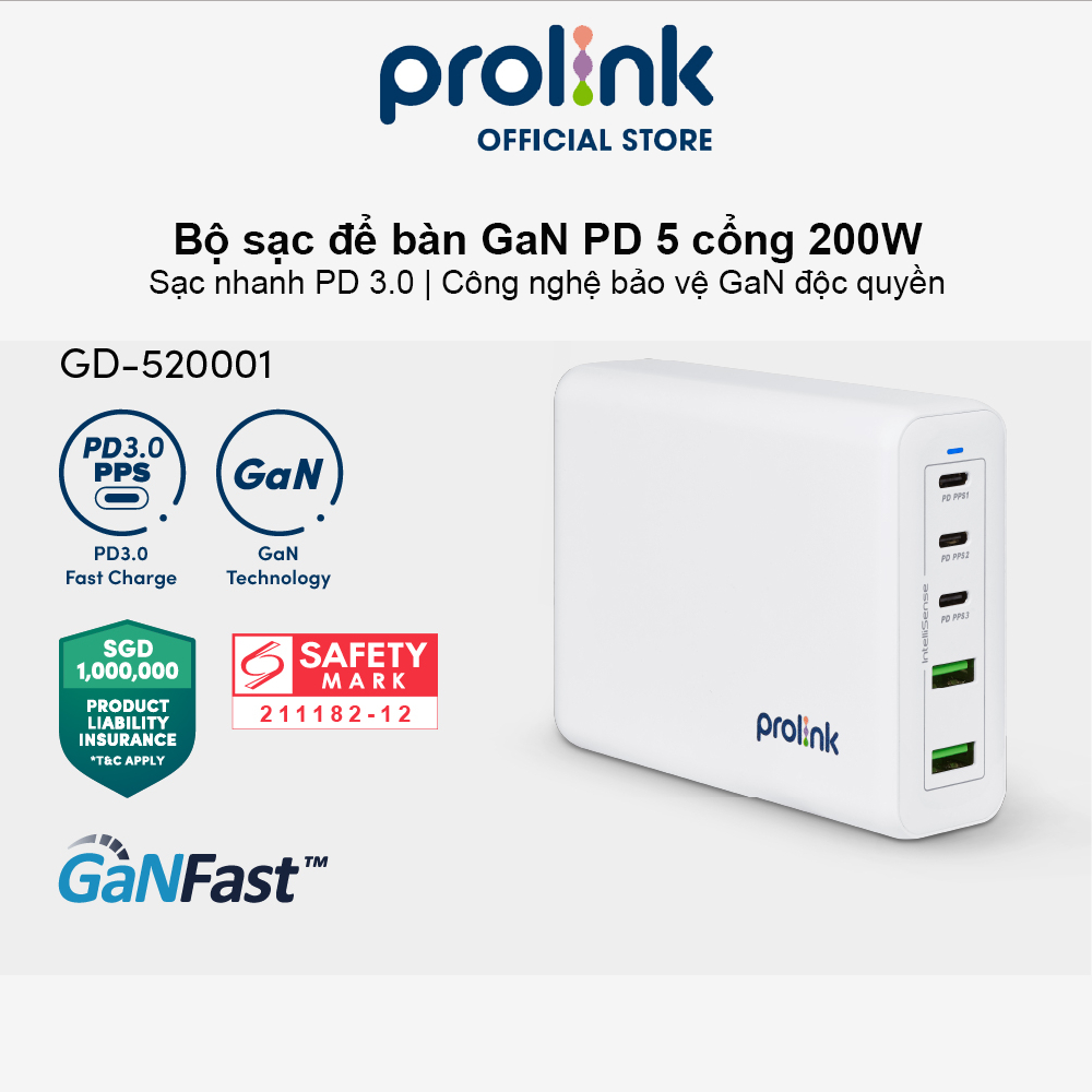Củ sạc nhanh 5 cổng 200W Prolink GD520001 (PD 3.0 & QC4+) công nghệ GAN phù hợp Laptop, máy tính bảng, điện thoại...
