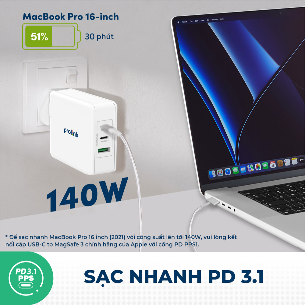 Củ sạc nhanh 3 cổng 140W Prolink GT314001 (PD 3.1 & QC4+) công nghệ GAN phù hợp Laptop, máy tính bảng, điện thoại...