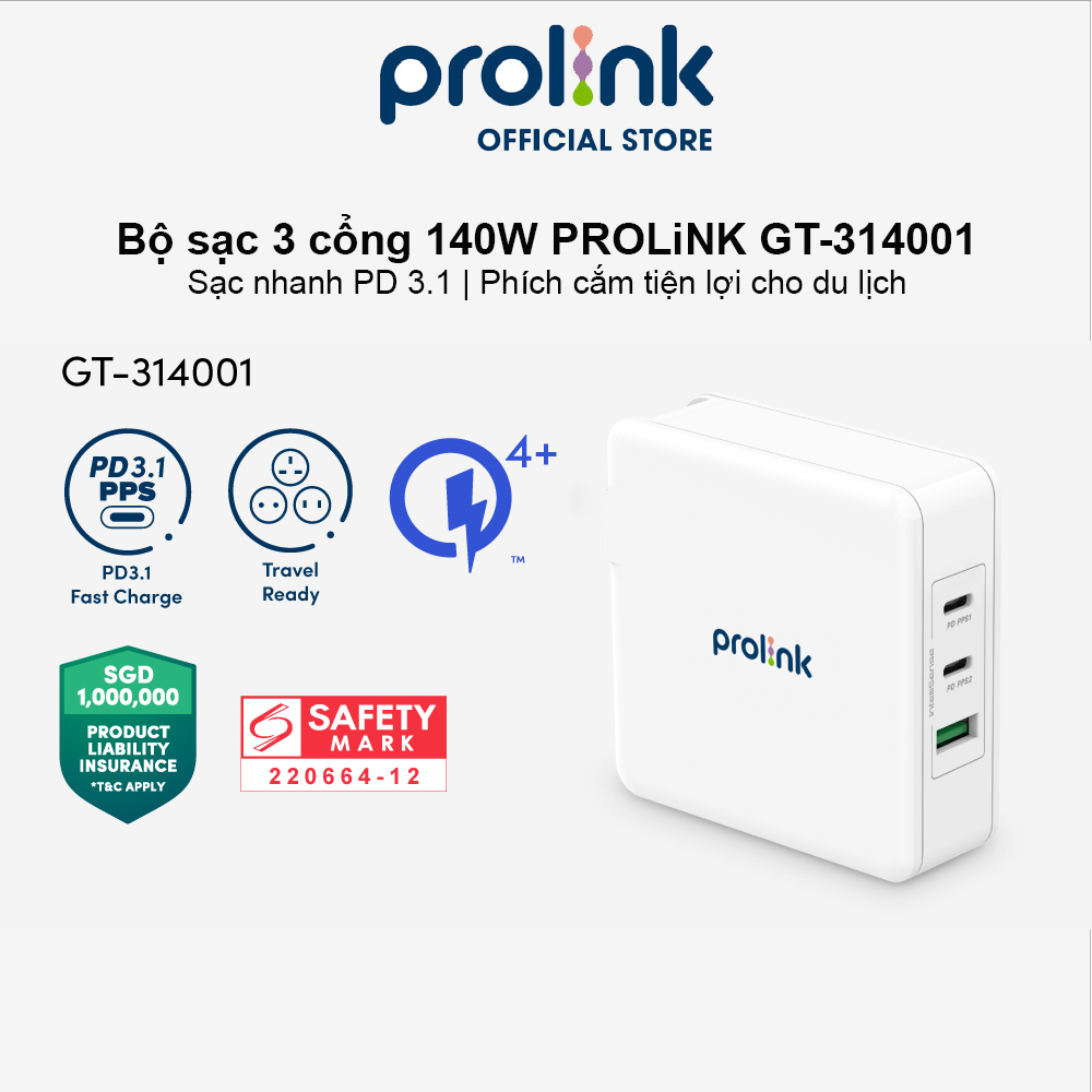 Củ sạc nhanh 3 cổng 140W Prolink GT314001 (PD 3.1 & QC4+) công nghệ GAN phù hợp Laptop, máy tính bảng, điện thoại...