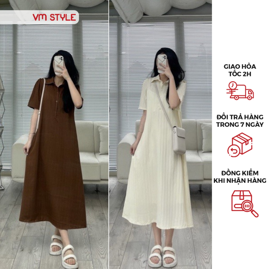 Đầm nữ VMSTYLE đi biển tay ngắn cổ bẻ trơn dáng dài form A (tặng kèm lót bên trong) phong cách tiểu thư - VDU00316